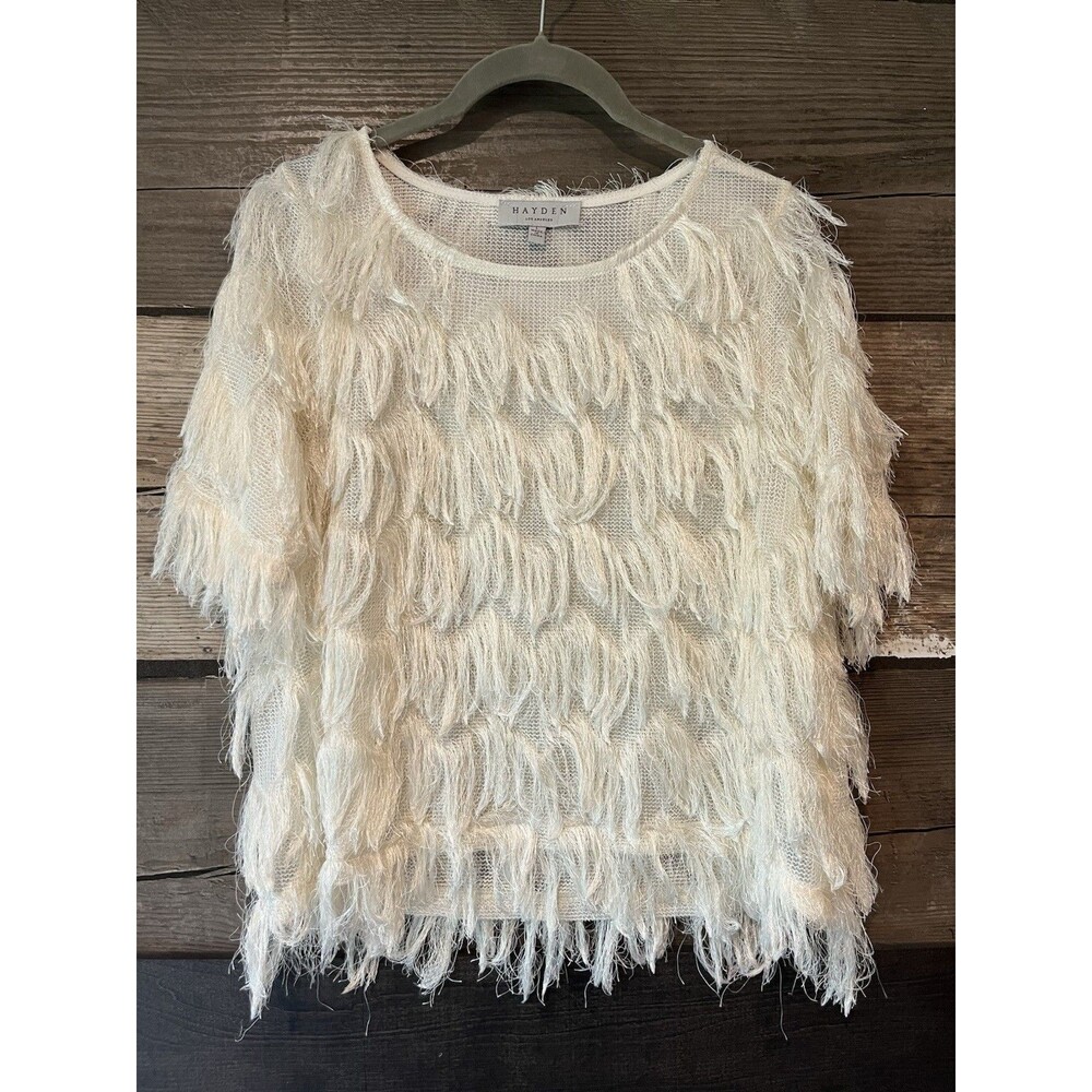 Hayden LA Cream Shag Fringe Sweater Women Size S Eyelash Knit Boho Textured Top